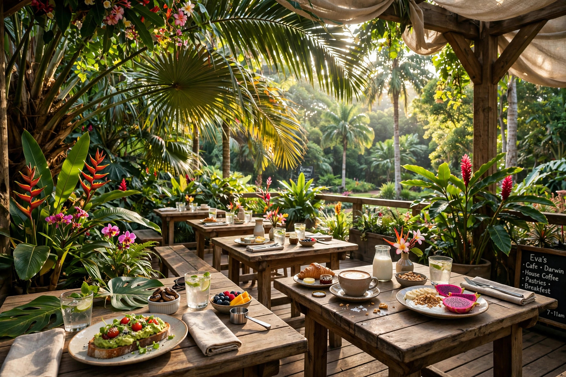 Sun-dappled cafe terrace among tropical plants at Eva's